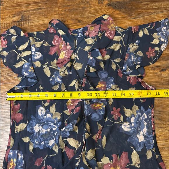 CHAPS floral button up blouse PETITE LARGE semi sheer peplum v neck cap sleeve - Picture 5 of 10